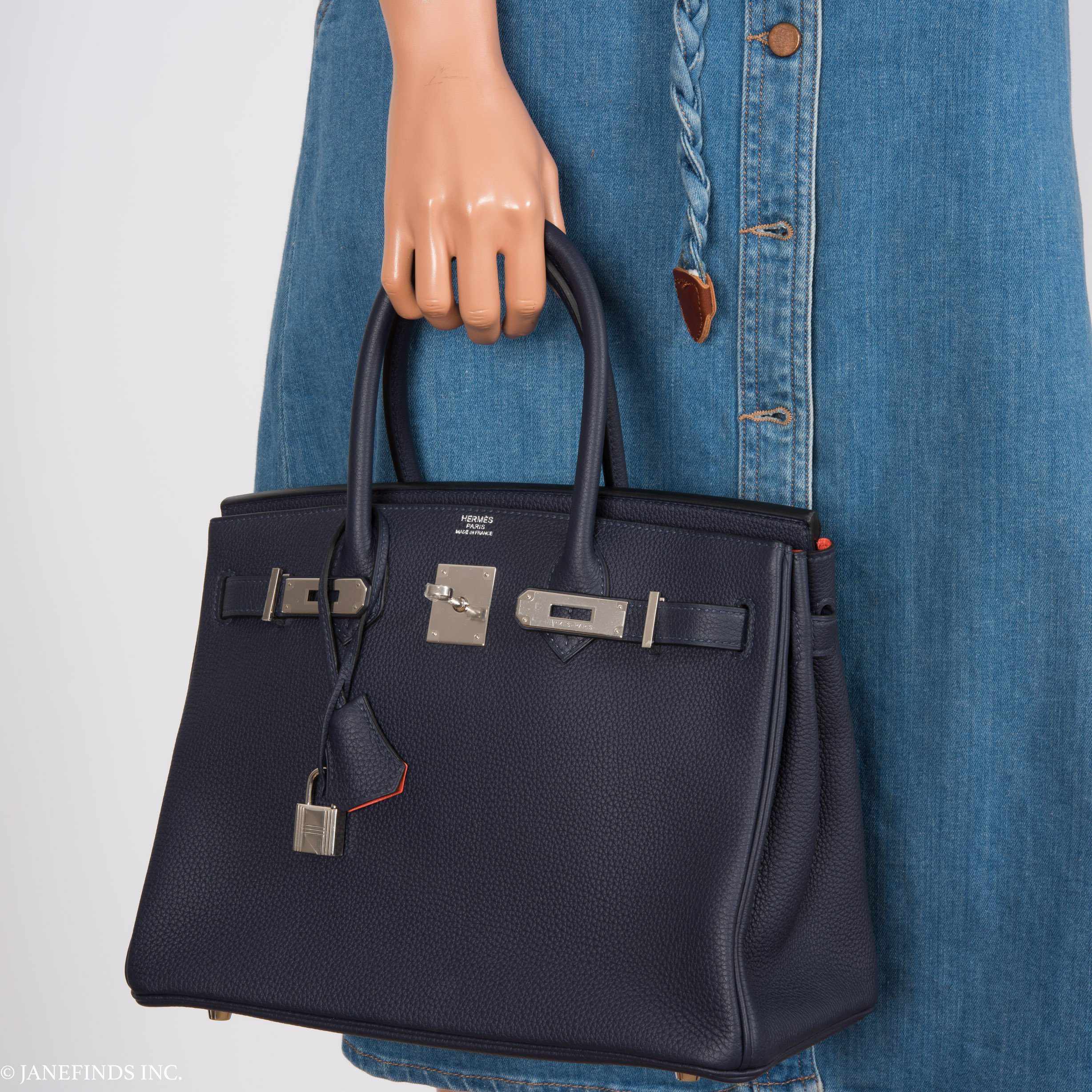 HermesBirkin 30 Blue Nuit Verso Orange Poppy Togo Palladium Hardware