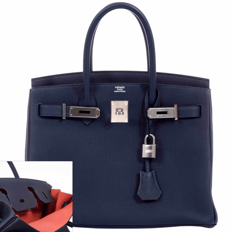 HermesBirkin 30 Blue Nuit Verso Orange Poppy Togo Palladium Hardware | Studio Nafay