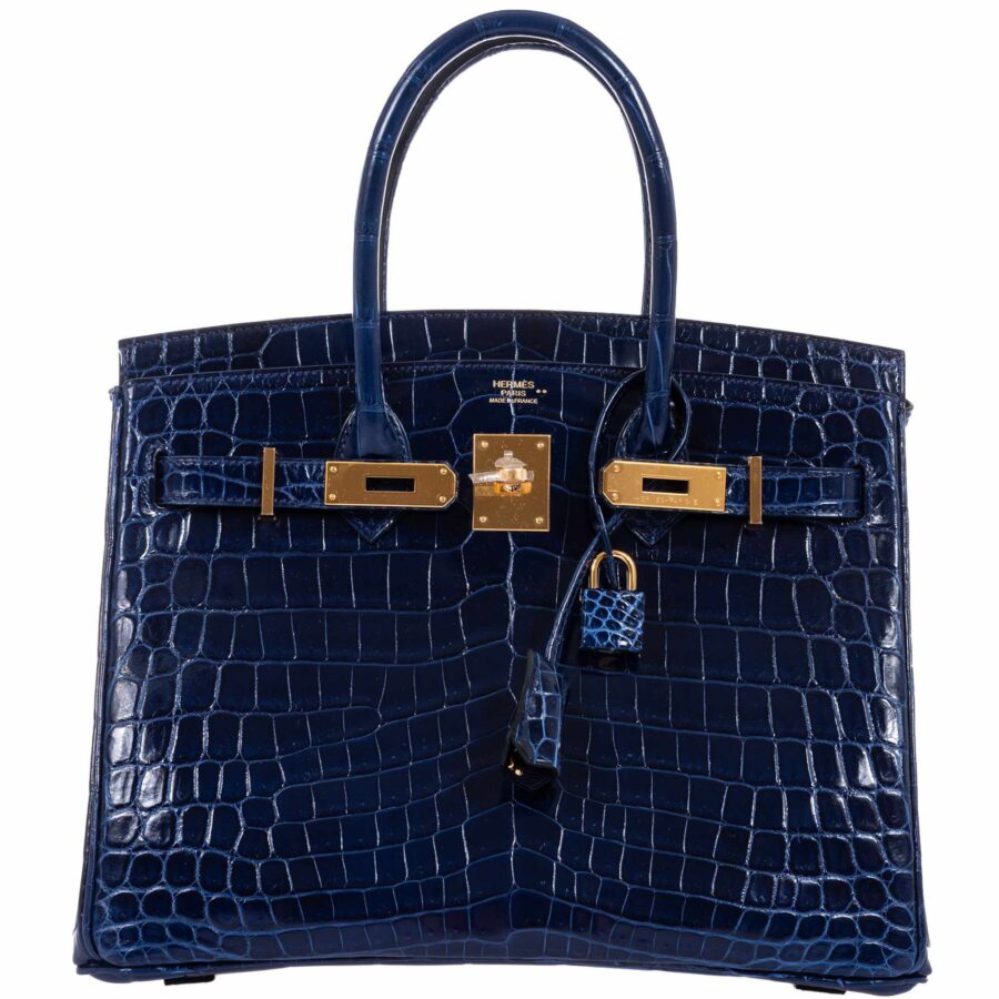 HermesBirkin 30 Blue Saphir Semi-Matte Niloticus Crocodile Gold Hardware | Studio Nafay