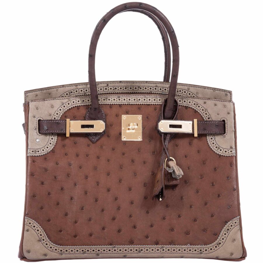 HermesBirkin 30 Ghillies Marron Fonce, Etrusque, Mousse Ostrich Champagne Gold Hardware | Studio Nafay