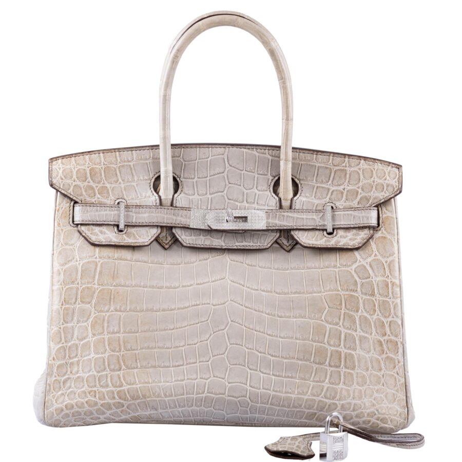 HermesBirkin 30 Gris Cendre Himalaya Niloticus Crocodile 18K White Gold & Diamond Hardware | Studio Nafay