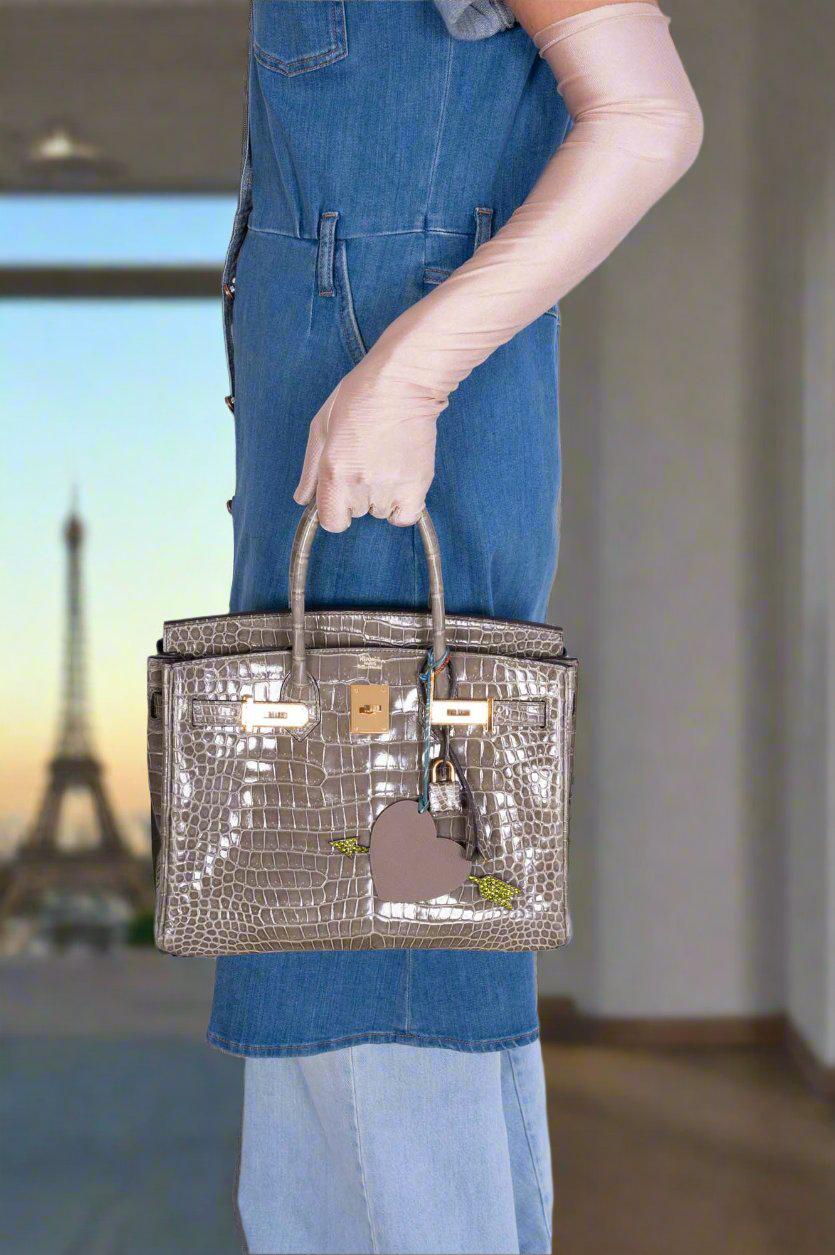 HermesBirkin 30 Gris Tourterelle Porosus Crocodile Gold Hardware