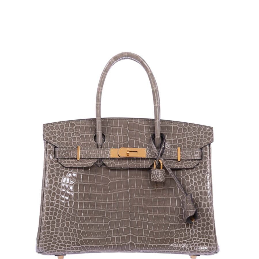 HermesBirkin 30 Gris Tourterelle Porosus Crocodile Gold Hardware | Studio Nafay
