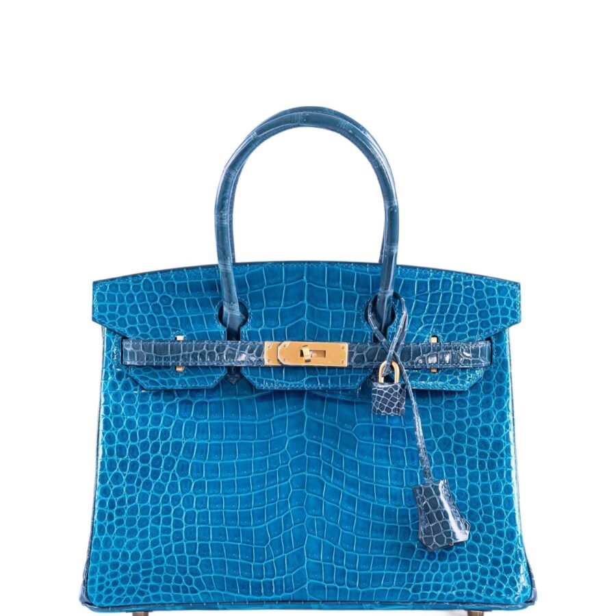 HermesBirkin 30 HSS Blue Izmir and Blue Colvert Porosus Crocodile Brushed Gold Hardware | Studio Nafay