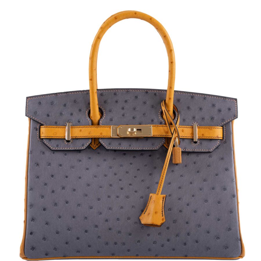 HermesBirkin 30 HSS Gris Agate & Saffron Ostrich Gold Hardware -, Y | Studio Nafay
