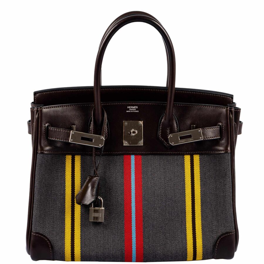 HermesBirkin 30 Marron Fonce Calf & Colorful Wool Jumping Canvas Palladium Hardware | Studio Nafay