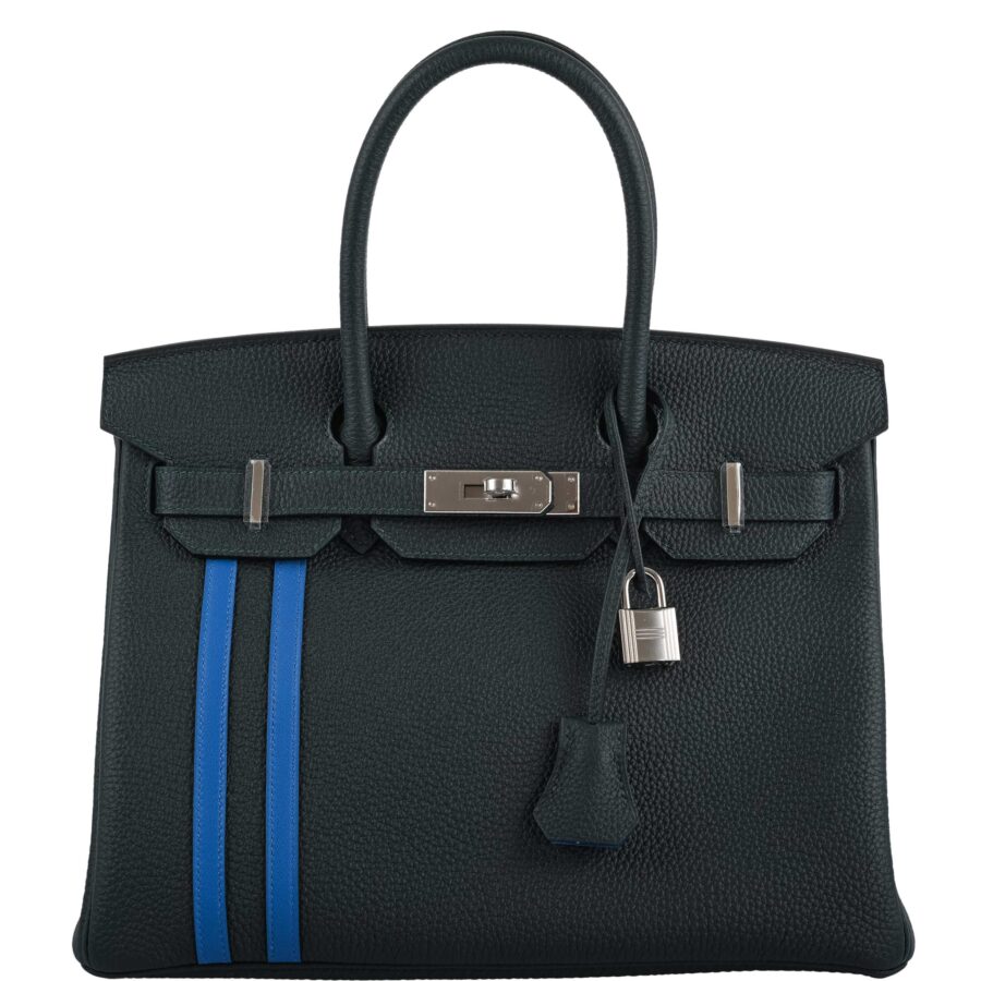 HermesBirkin 30 Officier Vert Cyprès Togo & Bleu Zellige Stripe & Lining Palladium Hardware -, C | Studio Nafay