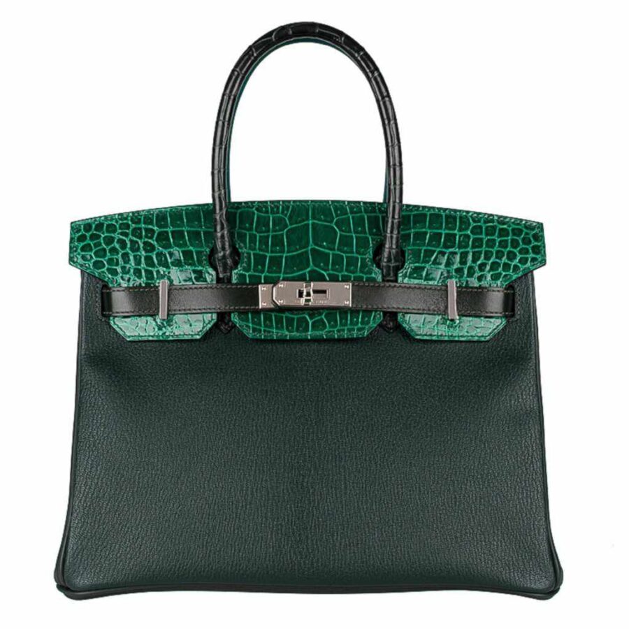 HermesBirkin 30 "Patchwork" Vert Fonce Vert Titen Emerald Chevre Clemence Box Calf Porosus Crocodile Palladium Hardware | Studio Nafay