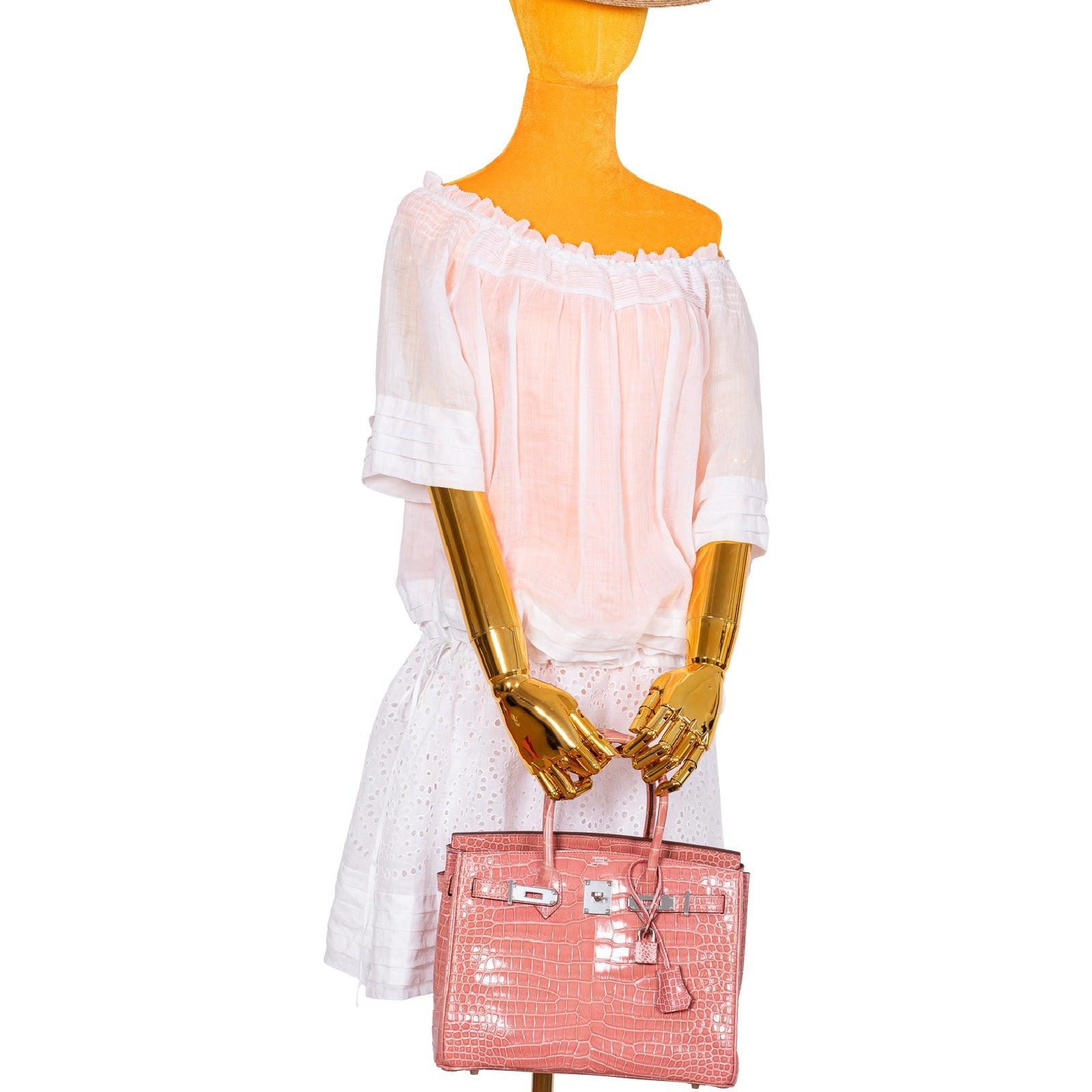 HermesBirkin 30 Rose Indiennes Shiny Porosus Crocodile Palladium Hardware