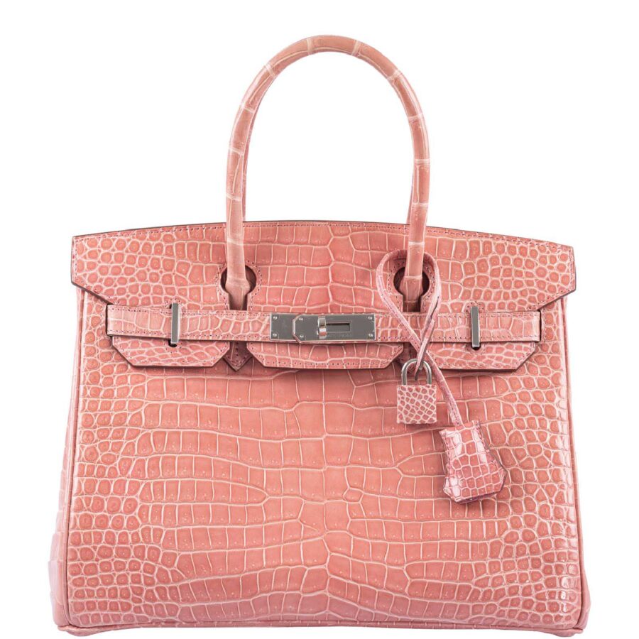 HermesBirkin 30 Rose Indiennes Shiny Porosus Crocodile Palladium Hardware | Studio Nafay