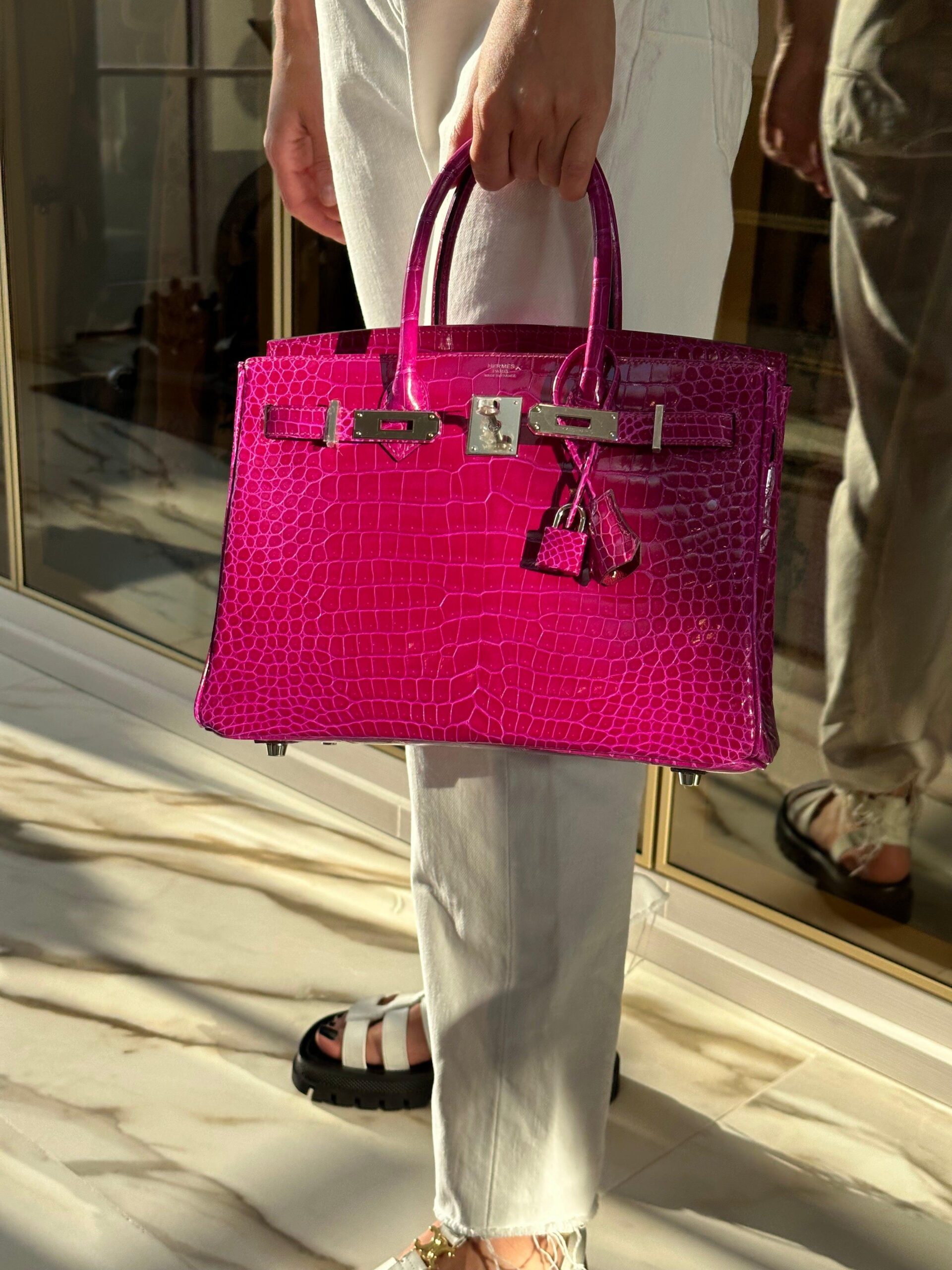 HermesBirkin 30 Rose Pourpre Shiny Porosus Crocodile Palladium Hardware