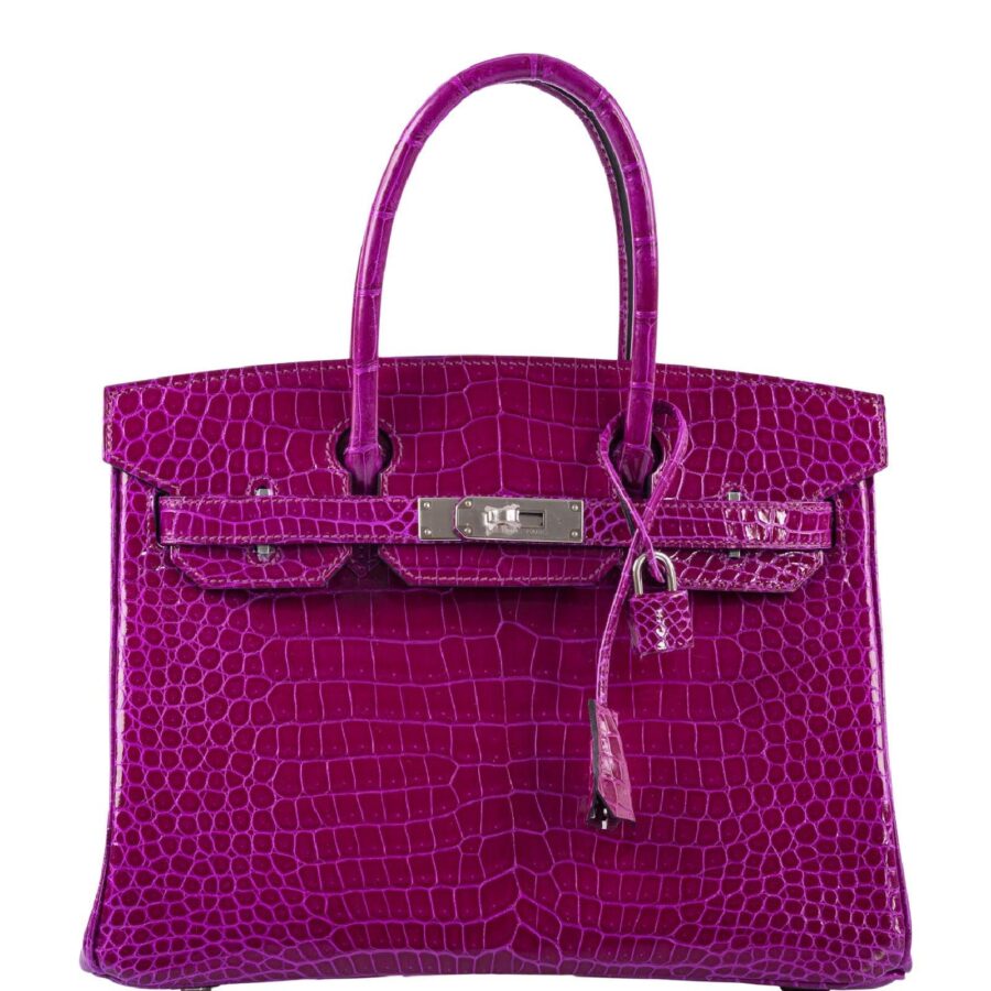 HermesBirkin 30 Rose Pourpre Shiny Porosus Crocodile Palladium Hardware | Studio Nafay