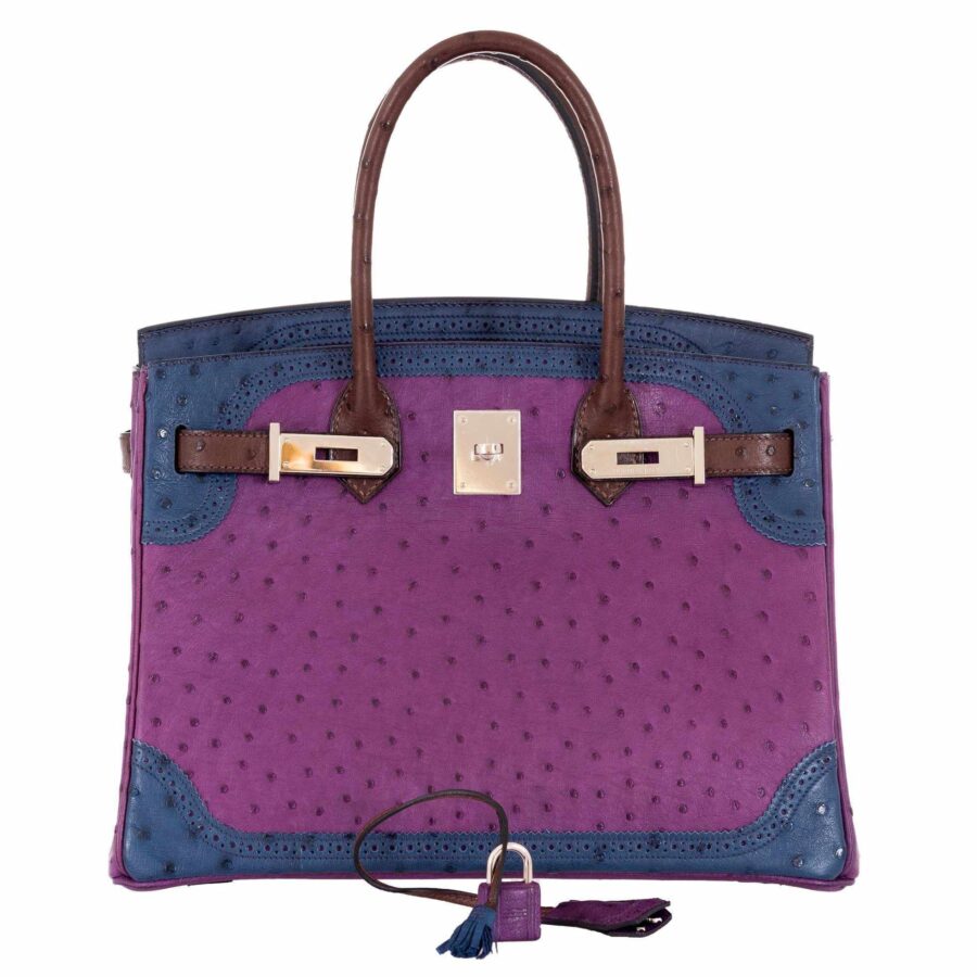 HermesBirkin 30 Tri Color Ostrich Violine Blue De Malt And Marron Palladium Hardware | Studio Nafay