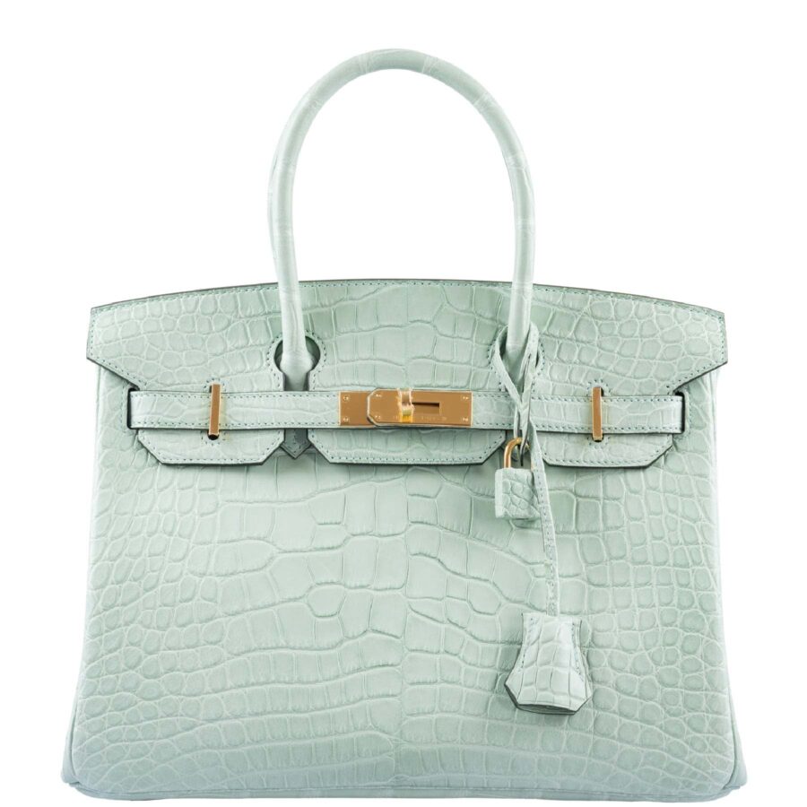 HermesBirkin 30 Vert D’eau Matte Alligator with Gold Hardware | Studio Nafay