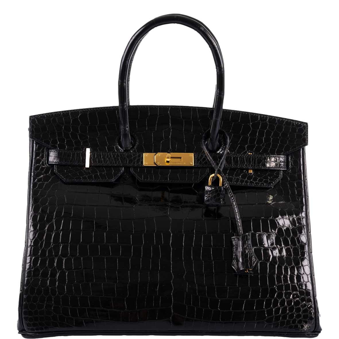 Hermes Birkin 35 Black Shiny Porosus Crocodile with Gold Hardware -, A