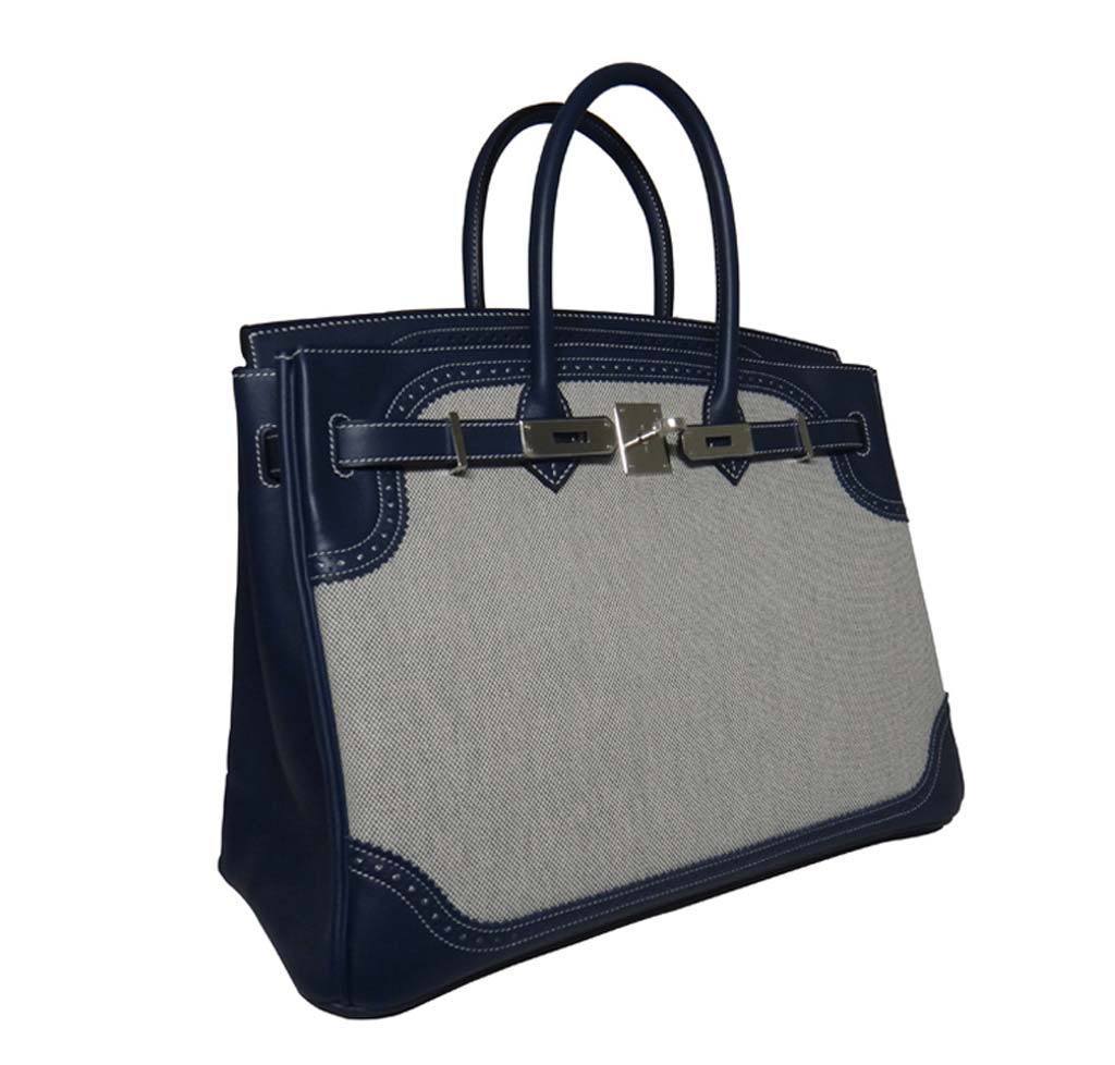 HermesBirkin Ghillies 35 Bag Blue Toile