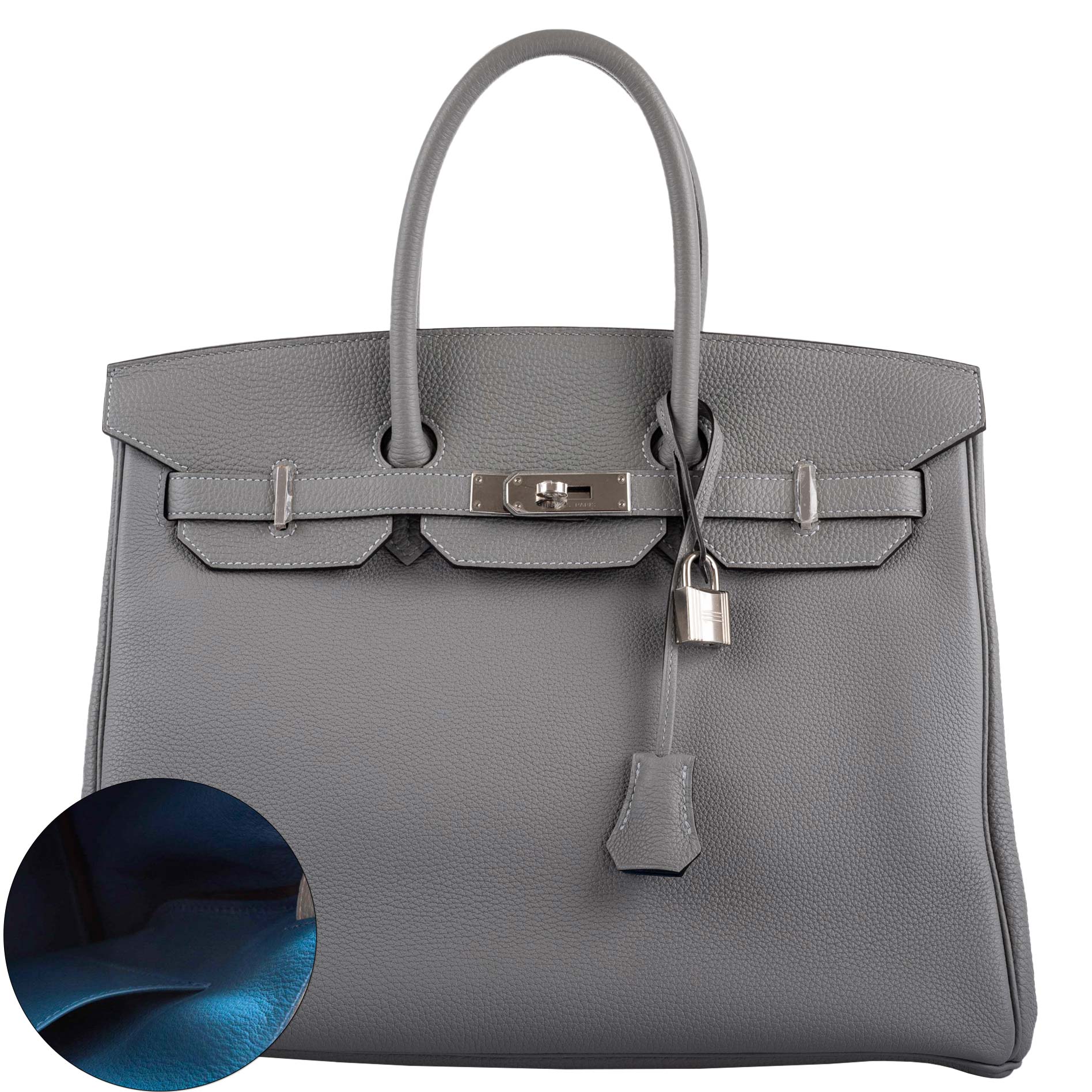 Hermes Birkin 35 Gris Mouette Verso Blue Agate Togo Palladium Hardware -, X
