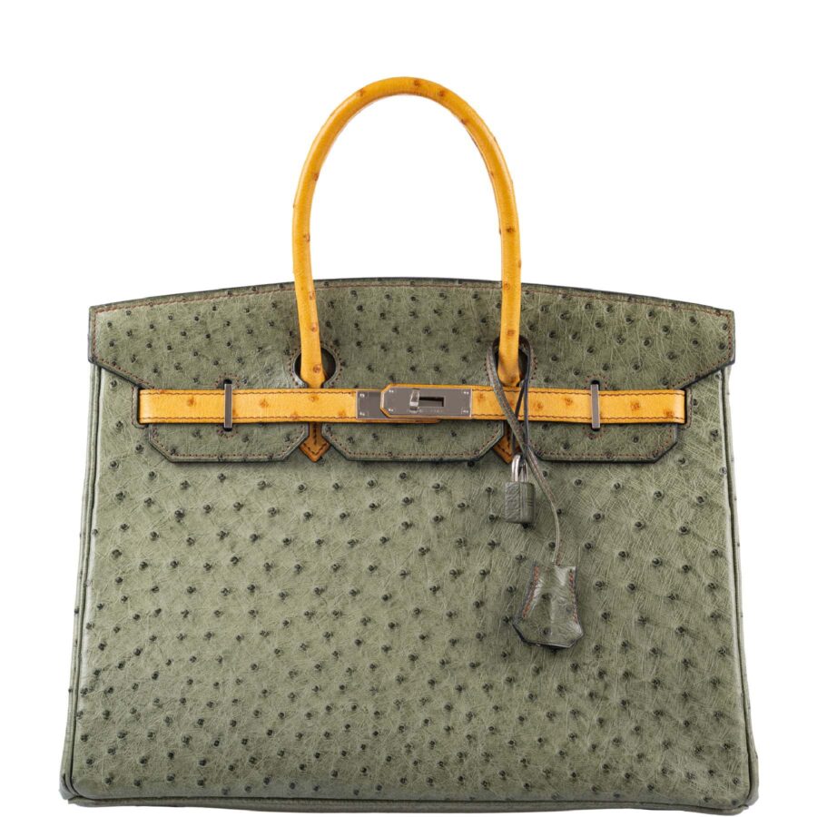 HermesBirkin 35 Special Order Vert Olive & Sable Ostrich Palladium Hardware | Studio Nafay