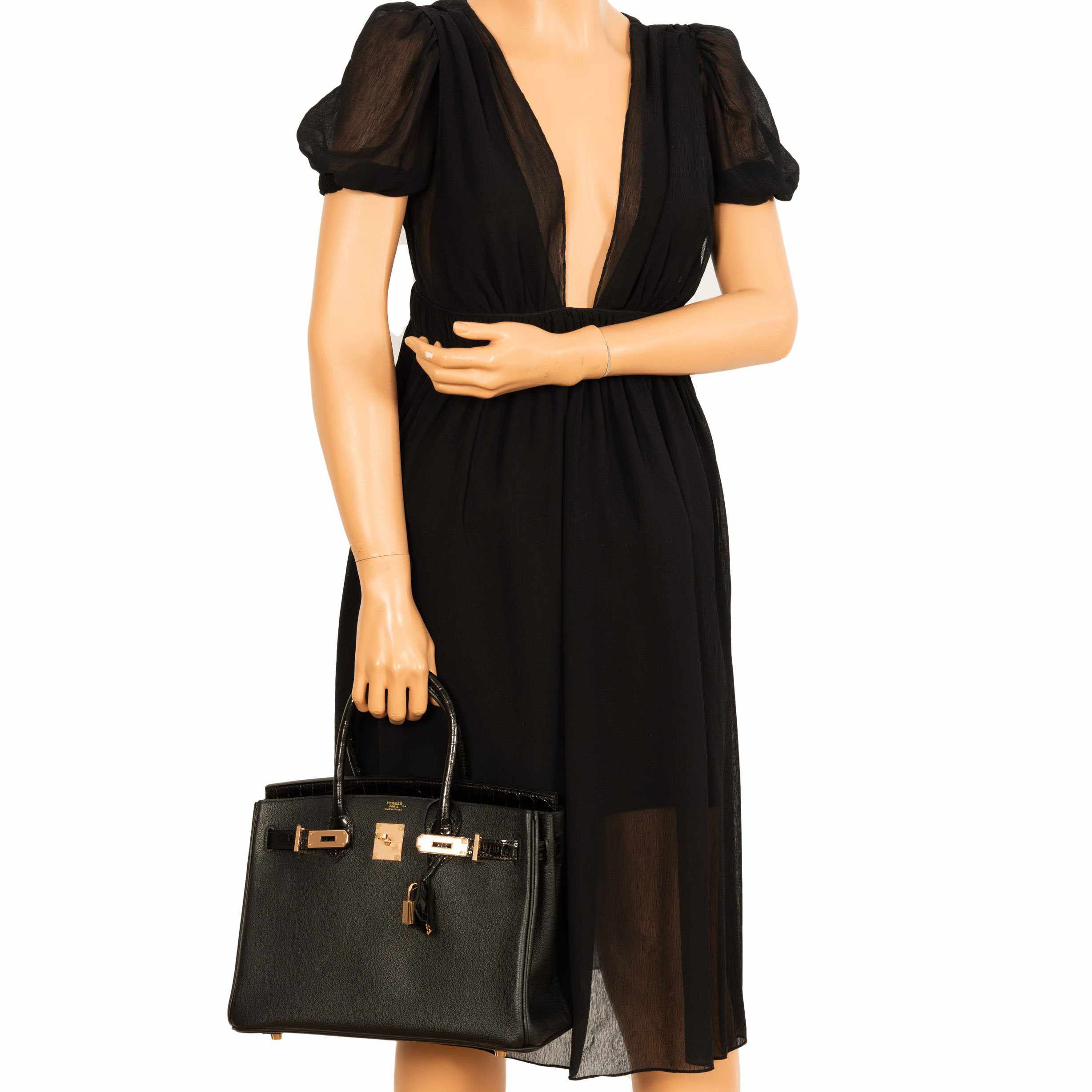 HermesBirkin Touch 30 Black Novillo & Niloticus Crocodile Rose Gold Hardware