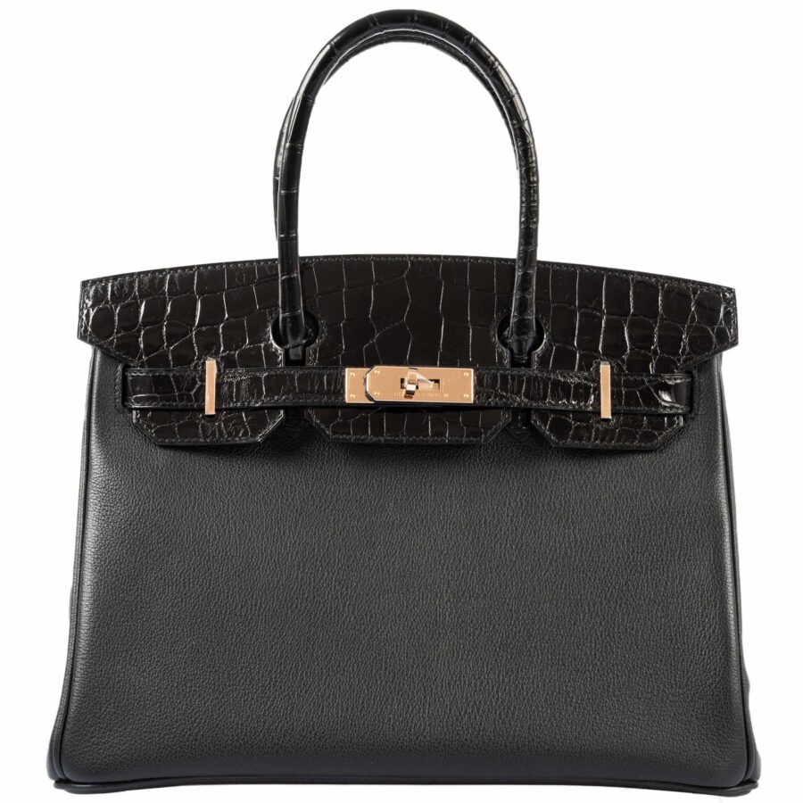HermesBirkin Touch 30 Black Novillo & Niloticus Crocodile Rose Gold Hardware | Studio Nafay
