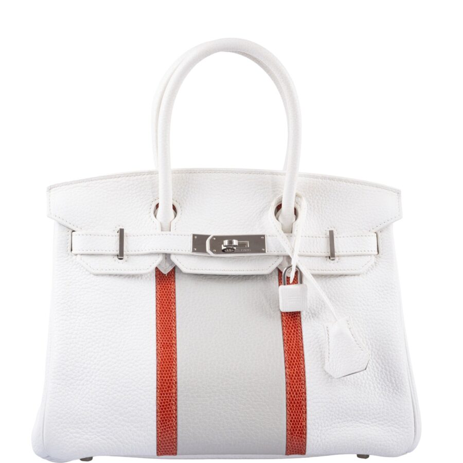 HermesClub Birkin 30 White, Grey Clemence & Sanguine Lizard Palladium Hardware | Studio Nafay