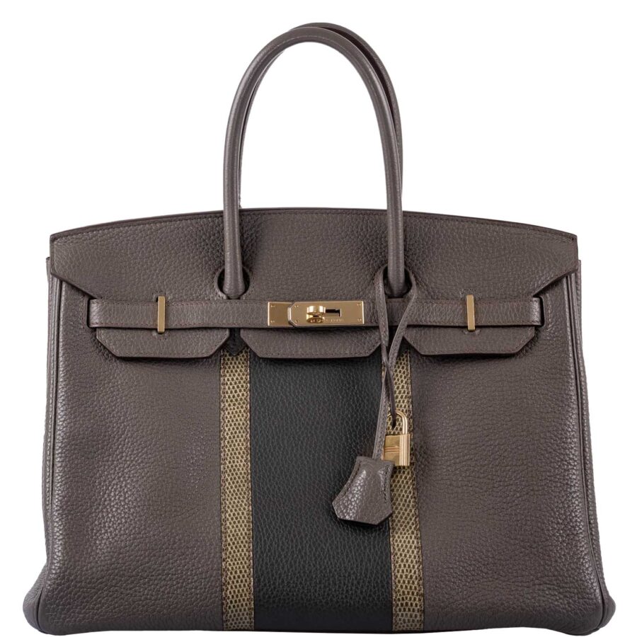 HermesClub Birkin 35 Tri-Color Etain & Graphite Clemence, Gris Fonce Lizard Permabrass Hardware | Studio Nafay