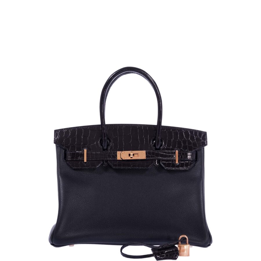 HermesTouch Birkin 30 Black Shiny Nilo Crocodile and Togo Rose Gold Hardware | Studio Nafay