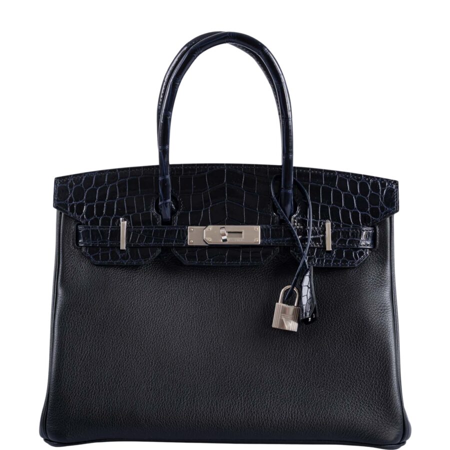 HermesTouch Birkin 30 Shiny Bleu Marine Nilo Crocodile and Black Novillo Palladium Hardware | Studio Nafay