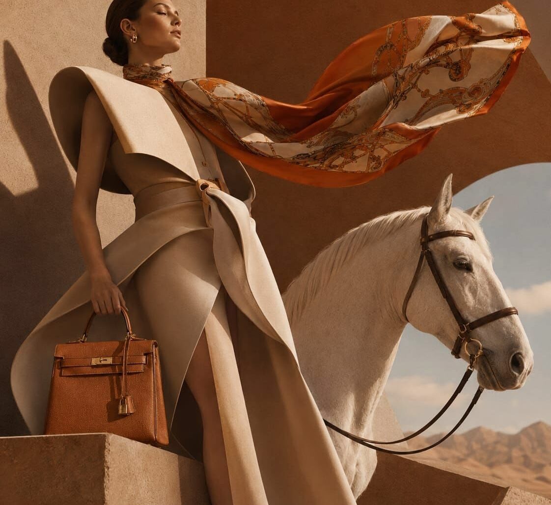 Studio Nafay equestrian campaign with model, designer bag and white horse