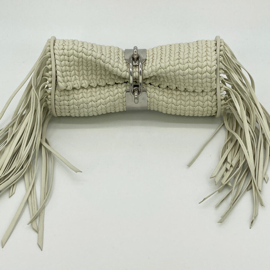Balenciaga White Leather Tresse Fringe Clutch | Studio Nafay