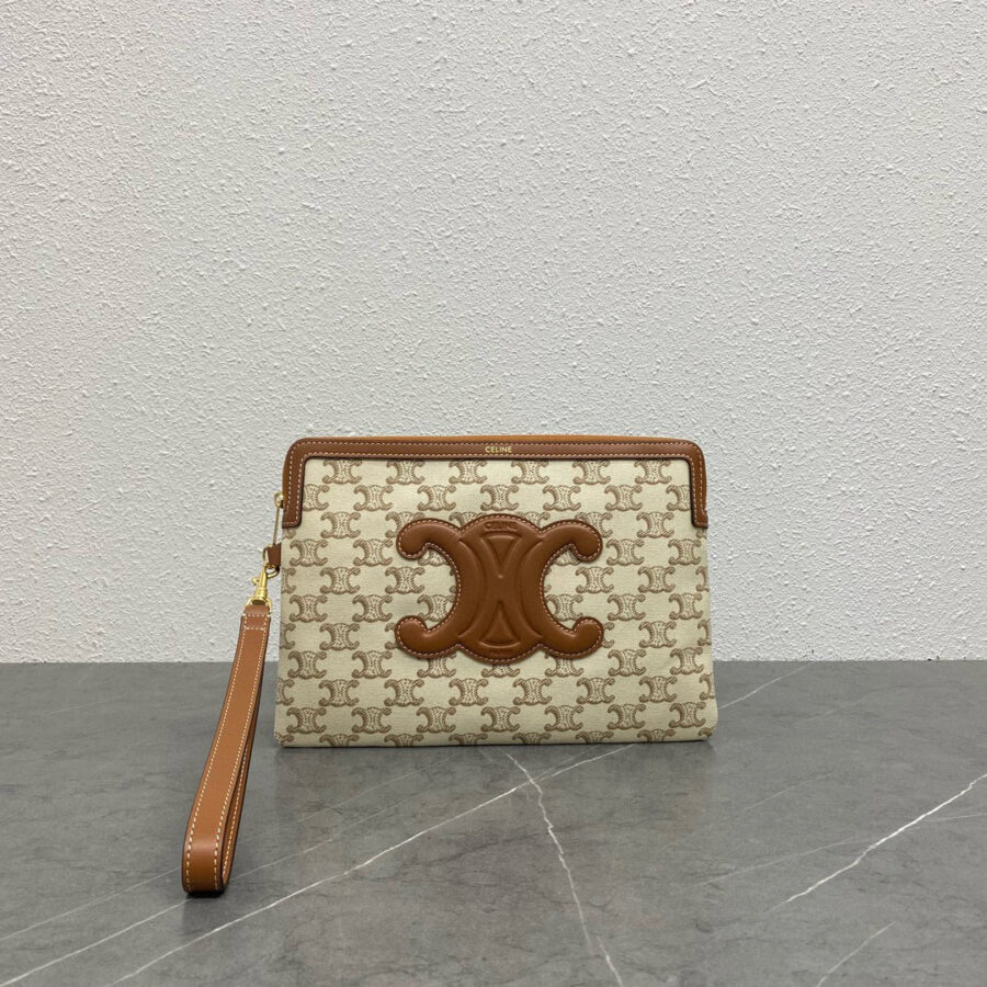 small pouch with strap 24cm beige textile tan calfskin | Studio Nafay