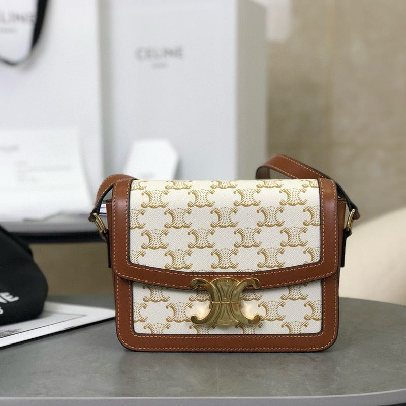 TEEN TRIOMPHE 18.5 WHITE MONOGRAM CANVAS TAN CALFSKIN | Studio Nafay