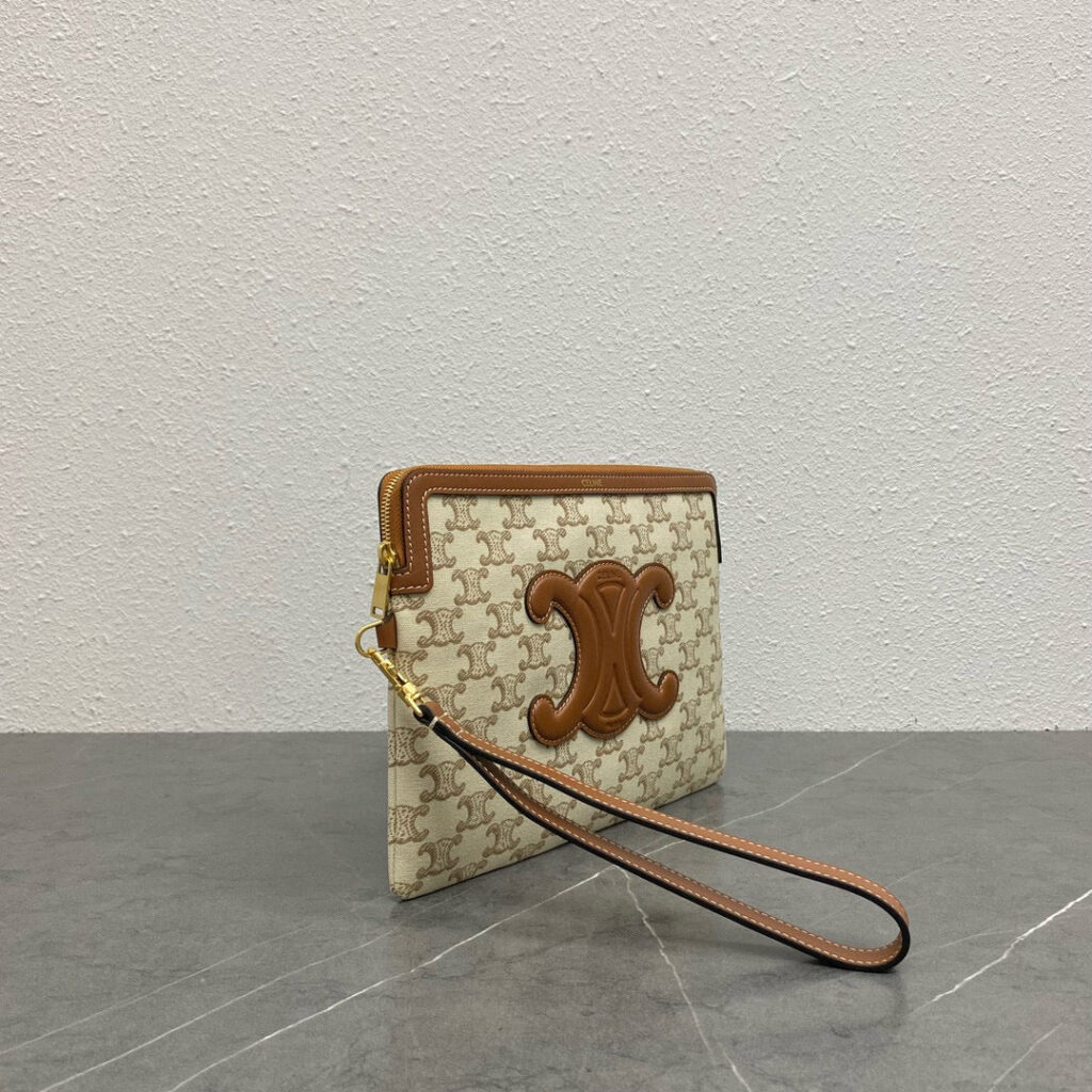 small pouch with strap 24cm beige textile tan calfskin - Product Image 2