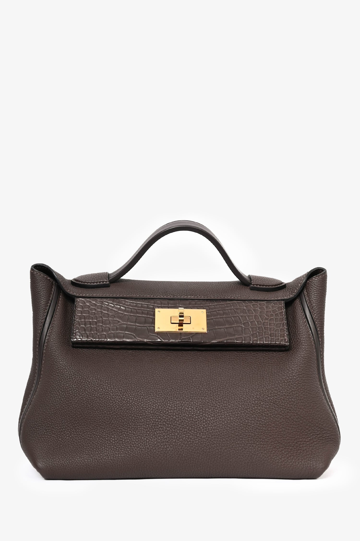 Hermès Brown ‘Ebene’ Togo Leather/Matte Alligator Touch 24/24 29 Top Handle GHW w/ Strap