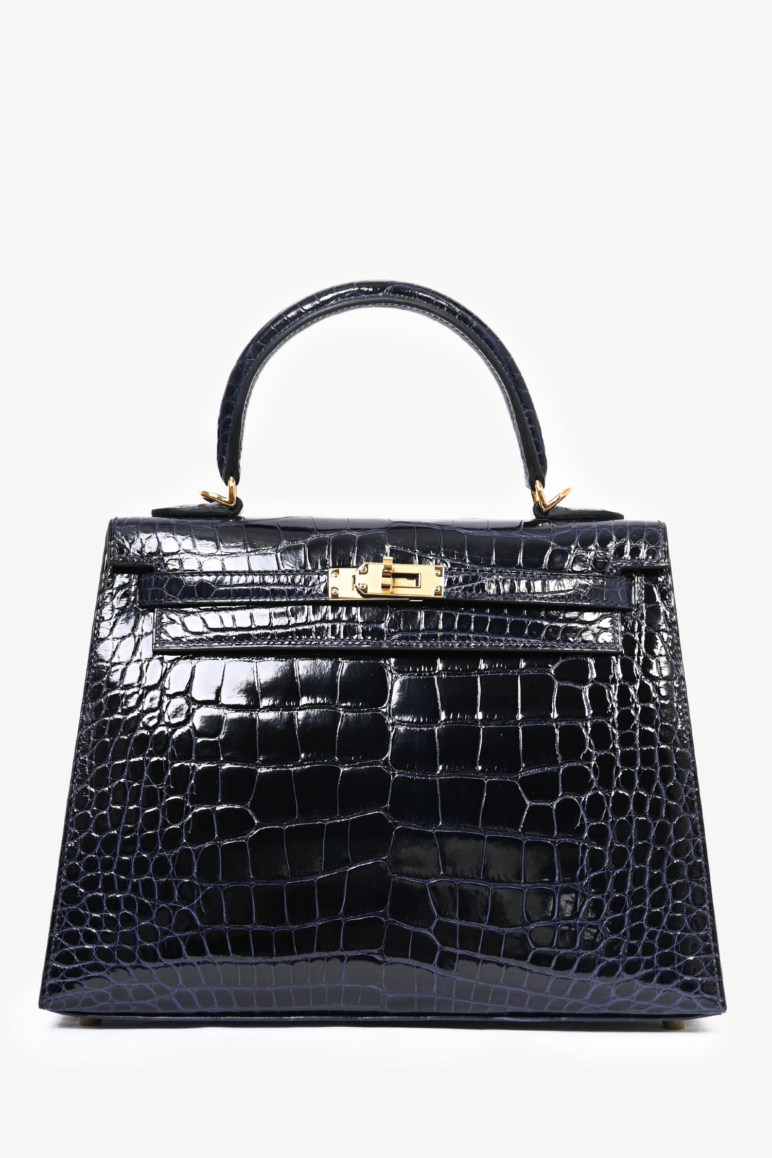 Hermès Blue Marine Shiny Alligator Sellier Kelly II 25 Bag with Strap