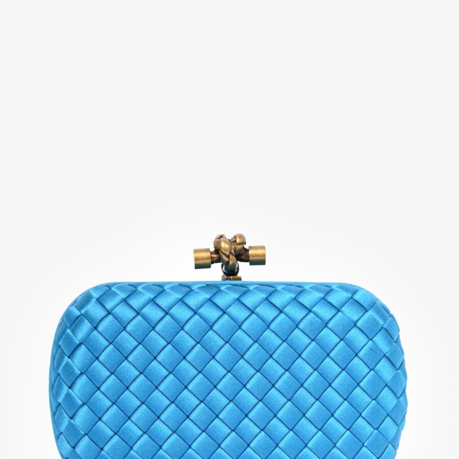 Bottega Veneta Blue Intrecciato Woven Satin Knot Clutch | Studio Nafay