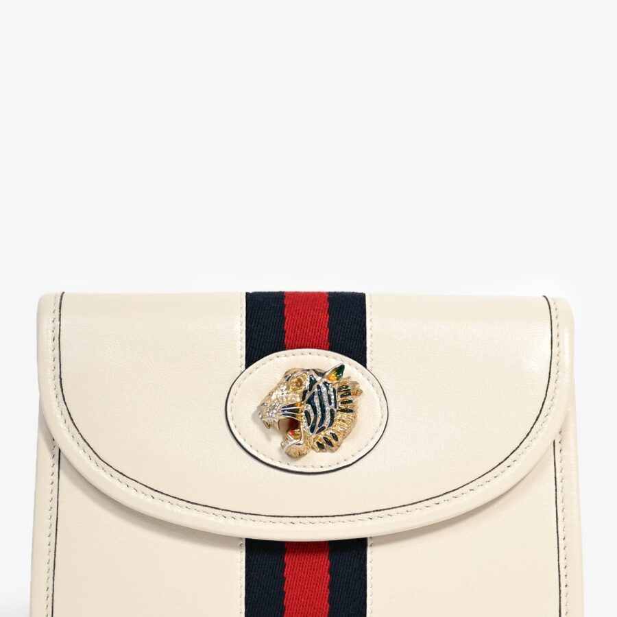 Gucci Cream Leather Web Mini Rajah Clutch with Chain | Studio Nafay