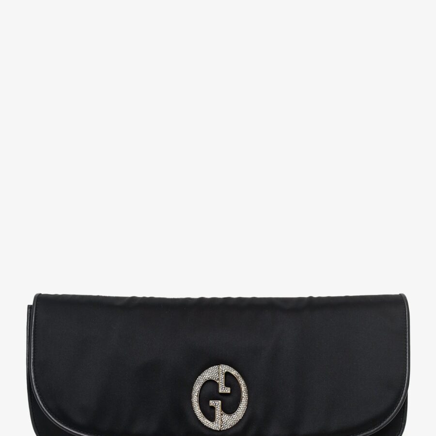Gucci Black Satin Diamante Embellished 'GG' Clutch | Studio Nafay