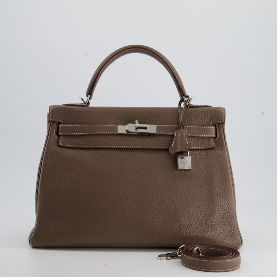 Hermes Kelly 32 Retourne Bag in Etoupe Clemence Leather with Palladium Hardware | Studio Nafay