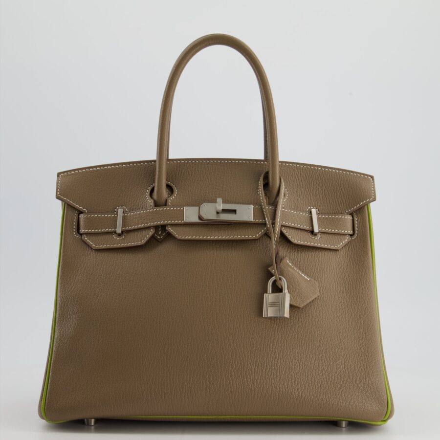 Hermes HSS Birkin 30 Retourne Bag in Etoupe & Vert Anis Chèvre Mysore with Brushed Palladium Hardware | Studio Nafay