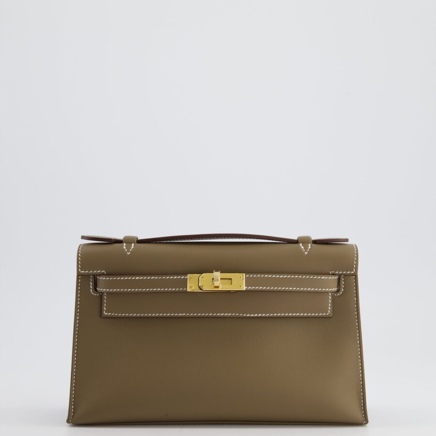 Hermes Kelly Pochette Bag in Etoupe Swift Leather and Gold Hardware | Studio Nafay