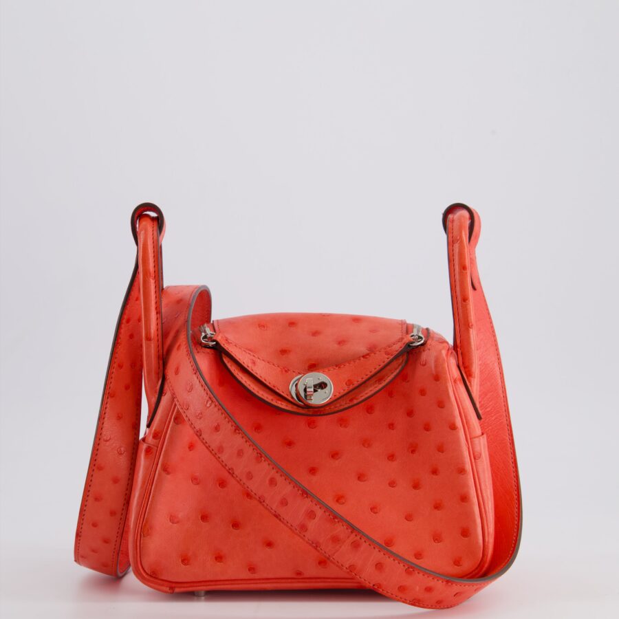 Hermes Mini Lindy Bag in Bougainvillea Ostrich Leather with Palladium Hardware | Studio Nafay
