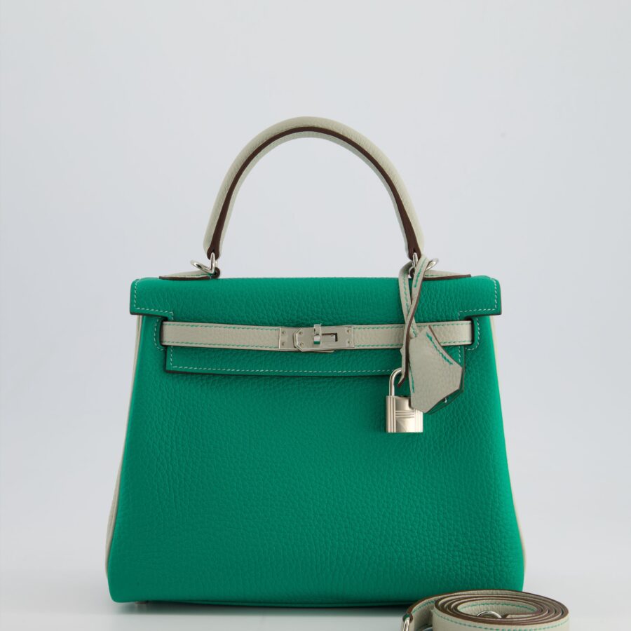 *SUPER RARE* Hermes HSS Kelly 25 Retourne Bag in Vert Vertigo & Gris Perle Togo Leather with Palladium Hardware & Contrast Stitching | Studio Nafay