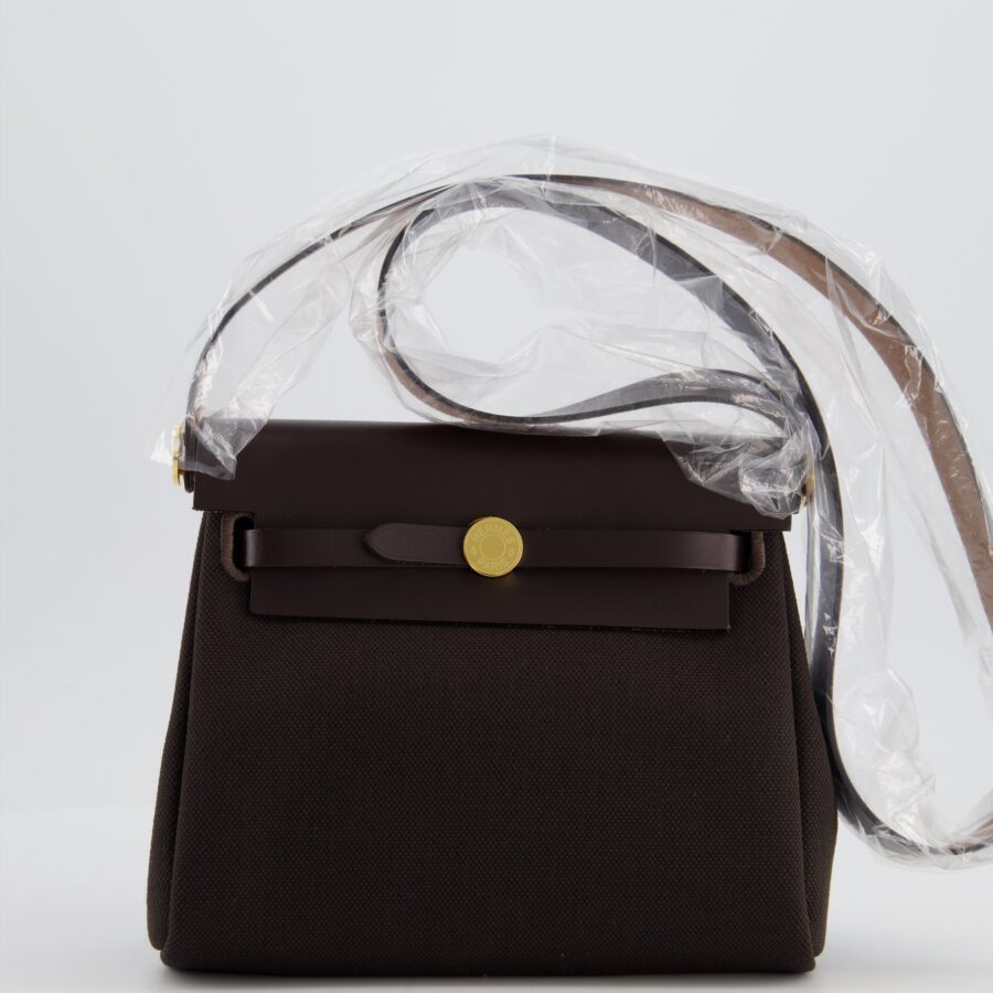 Hermes Herbag Zip 20 Bag in Ebene Viking Canvas & Ebene Vache Hunter Leather with Gold Hardware | Studio Nafay