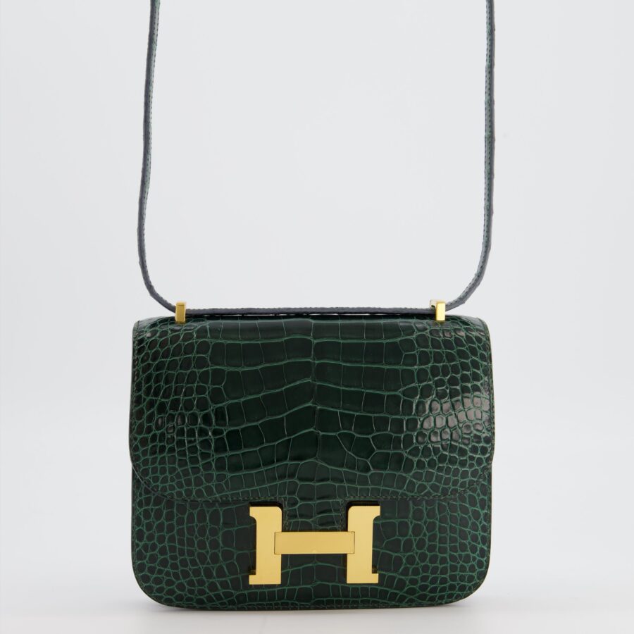 Hermes Constance III 18 Bag in Shiny Alligator Vert Fonce with Gold Hardware | Studio Nafay