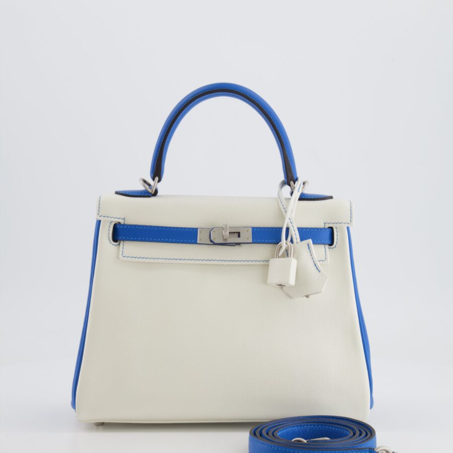Hermes HSS Kelly 25 Retourne Bag in White and Bleu Mykonos Evercolor Leather with Contrast Stitching and Brushed Palladium Hardware | Studio Nafay