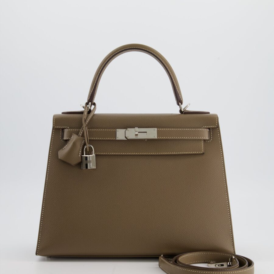 Hermes Kelly 28 Sellier Bag in Etoupe Epsom Leather with Palladium Hardware | Studio Nafay