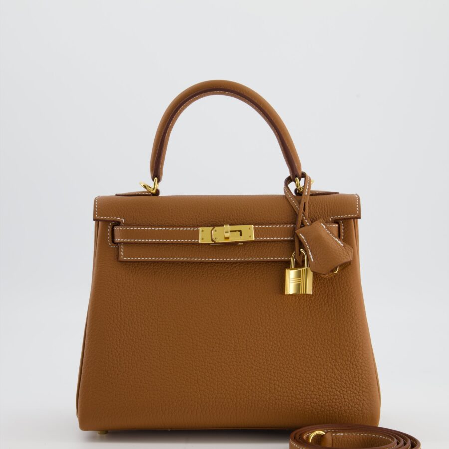 Hermes Kelly 25 Retourne Bag in Gold Togo Leather with Gold Hardware | Studio Nafay