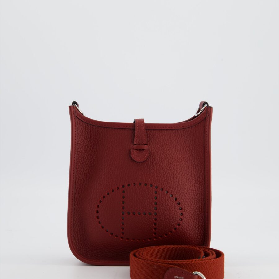 Hermes Mini Evelyne Bag in Rouge H in Clemence Leather with Palladium Hardware | Studio Nafay