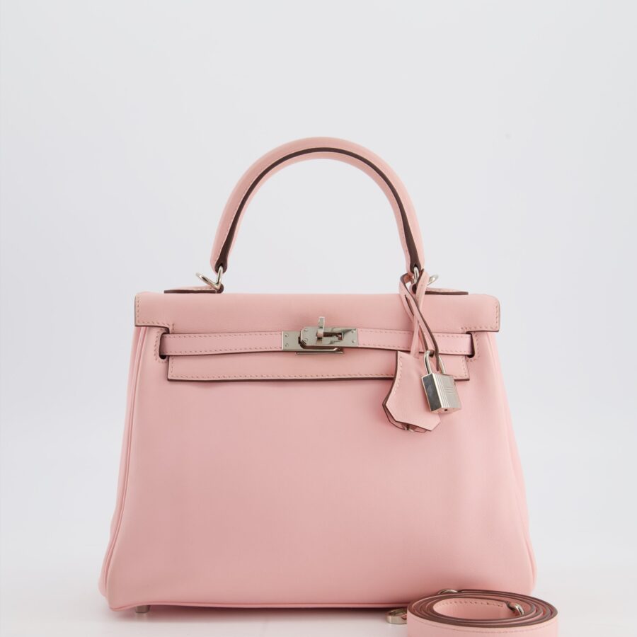 Hermes Kelly 25 Retourne Bag in Rose Sakura Swift Leather with Palladium Hardware | Studio Nafay